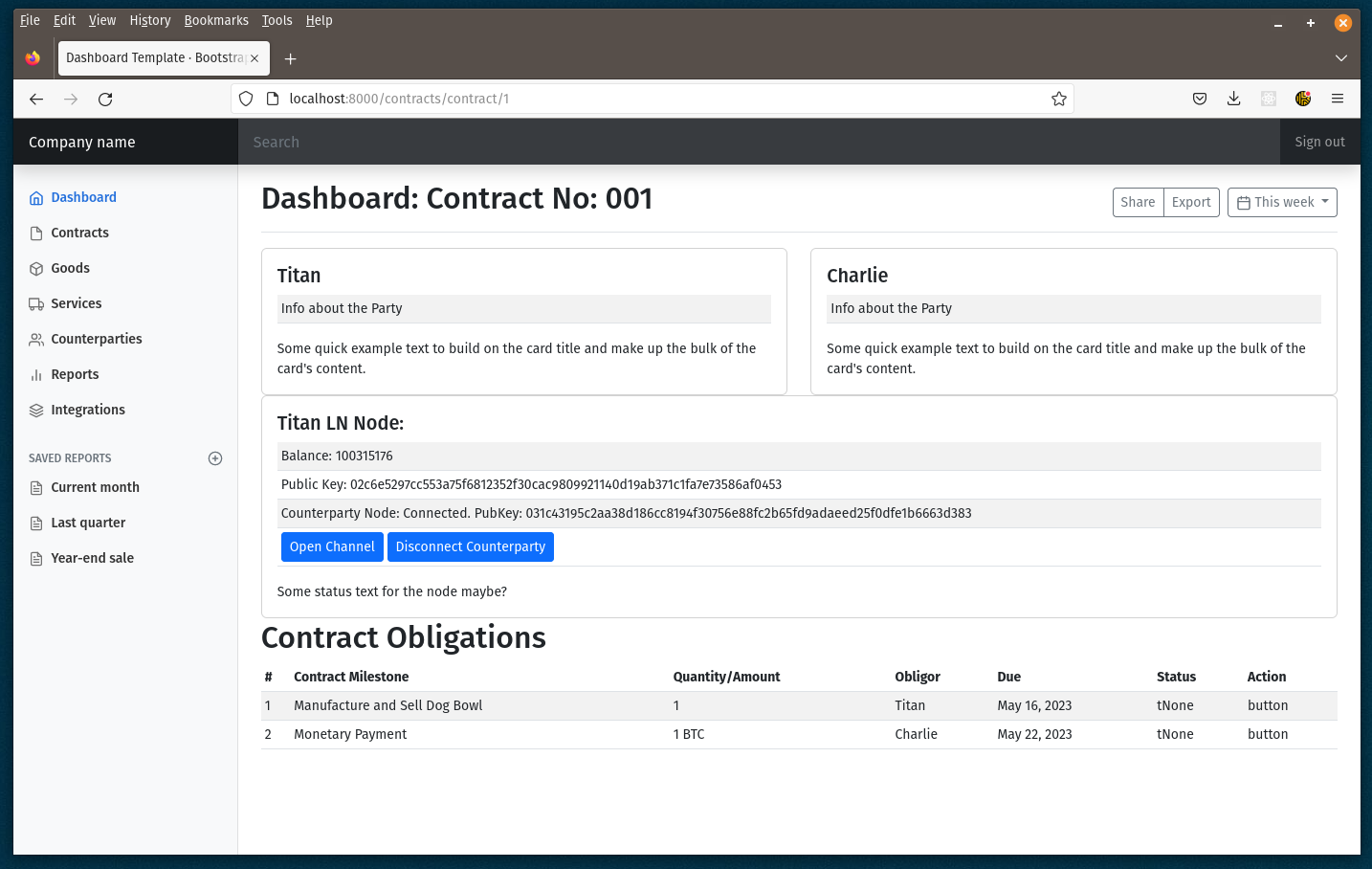 LNContract is a Python/Django app with a bit of React on the front-end to enable WebSocket functionality.  It uses Polar for the Bitcoin/LN nodes.  Currently, it has LND node functionality, but I will add Core-Lightning nodes soon.

The app models a contract in terms of the Party, Counterparty, Performance Obligations and Monetary Obligations.  A user Party can view all contracts it manages or a specific one.  For a specific contract, a Party can track Performance Obligations—the phases in a contract such as material procurement, assembly and testing. The app allows a Party to connect to its LN Node, direct its node to connect to the Counterparty’s node, and establish a channel.  I am currently working on the payment functionality, which will enable a Party to pay its Monetary Obligation via the appropriate LN channel.
       
For the next phase, I will build out a minimal viable product.  At the least, this will entail publicly serving the skeletal implementation using actual Bitcoin/LN Nodes (both LND and Core-Lightning) under testnet.
       
Subsequent development will include:  

        1. Incorporate the actual contract into the application. 
           
            i. Track different versions during contract negotiations.  Provide a negotiations management functionality.  
            ii. Cryptographically sign the contract.  (I developed a script to provide this, but haven’t yet included it in the skeletal implementation.  For production, this would need to be more closely looked at.)
            iii. Automatically extract the agreed to terms to populate the application models for use.  (This automation would be very desirable for those who are managing the contracts.) 
            iv. These are not directly related to Bitcoin/LN protocols, but will be needed, nevertheless.
               
    2. Provide sign-off functionality. Internal approvals are often required for process management.  For example, purchasing, engineering, manufacturing, finance, legal, management personnel might be required to sign off at various stages of a manufacturing contract. Similarly, various buyer personnel might be required to approve a payment.  Knowledge of signature status can give insight into contractual progress.  
            i. Model the individual approvals as Schnorr signatures using a MuSig scheme.  The aggregate Schnorr signature act as a representation or notice of product completion. Functionality requires key generation, signature creation, tracking, and transmitting pubkeys and signatures to the Counterparty.
   
    3. Consider use of Bolt 12.  A Bolt 12 Offer could be made to have contractual significance. An Offer from the seller as a Request for Invoice could be part of tender of delivery. The actual Request for Invoice could act as contractual acceptance.  An Offer as a Send Me Invoice could be final settlement or payment of deposit surplus. Similarly, an Offer from the buyer as a Request for Invoice could act as contractual acceptance. A Officer as Send Me Invoice could be final settlement on the buyer side.

    4. Channel Splicing.   Consider channel splicing as the mechanism to update contract funding. Here it is important to understand that the LN Channel could be given contractual meaning, i.e. it could act as a contractual representation that funds are sufficient for a particular purpose.  Channel splicing could be a means to incrementally fund a contract phase, adding to the funding while maintaining an existing channel and in the process acting as an updated contractual representation.
  
    5. Covenants.  Consider use of Covenants as a way to ensure payment of subcontractors.
    
    6. Use of Fedimint/Taro as the payment network? LN Contract uses direct channels between the parties rather than relying on the LN payment network. This is appropriate because the parties contemplate a relationship. Direct channels might become uneconomical as adoption increases, given the requirement for an on-chain transaction.  If so, alternatives should be considered, including perhaps Fedimint and Taro.